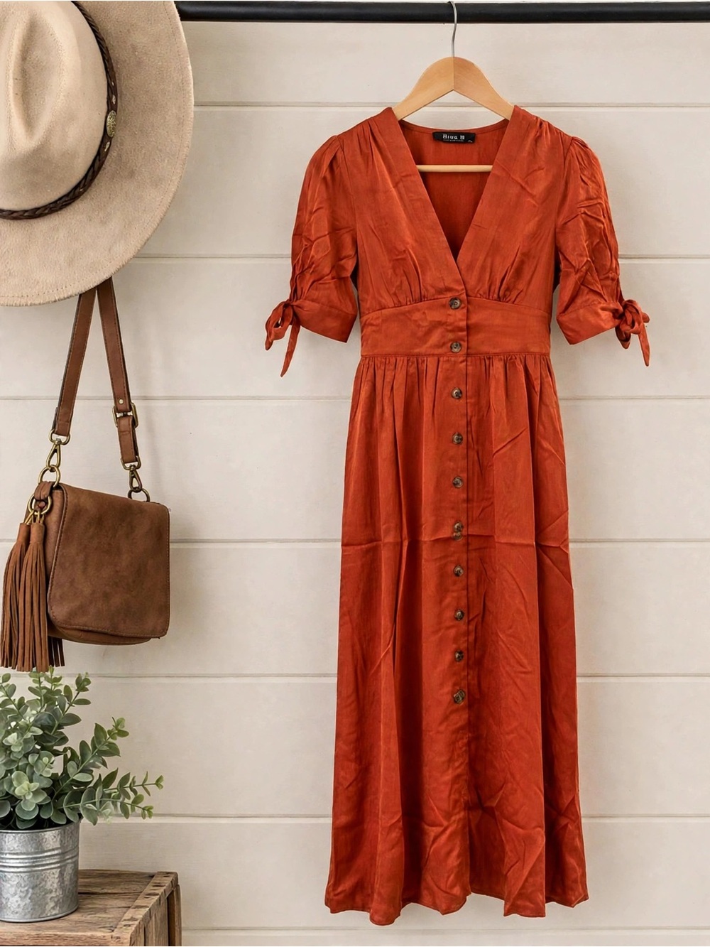 Button-Front Midi Dress in Burnt Orange with Tie Sleeves